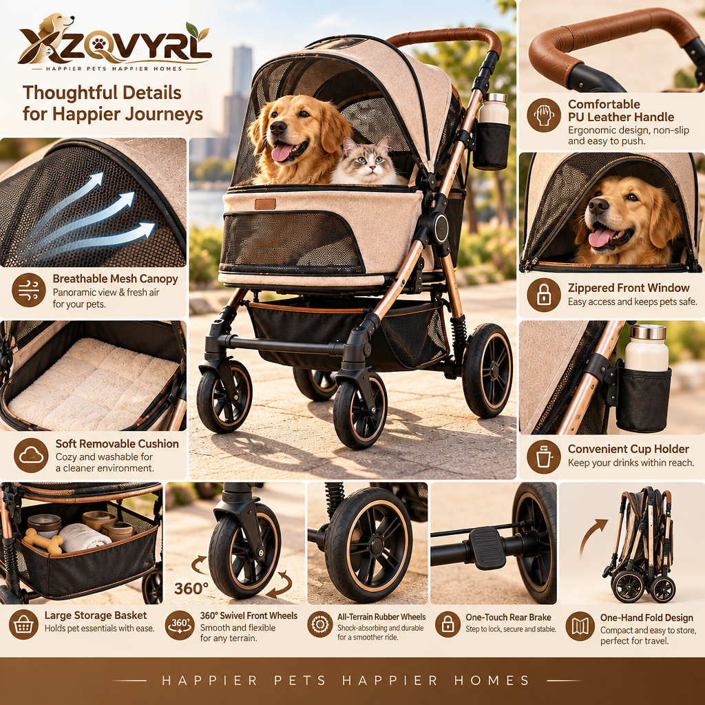 XZQVYRL Premium Foldable Pet Stroller for Dogs & Cats – Breathable Mesh Canopy, All-Terrain Wheels, One-Touch Brake & Spacious Storage - product view 3
