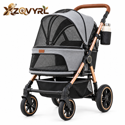 XZQVYRL Premium Foldable Pet Stroller for Dogs & Cats – Breathable Mesh Canopy, All-Terrain Wheels, One-Touch Brake & Spacious Storage