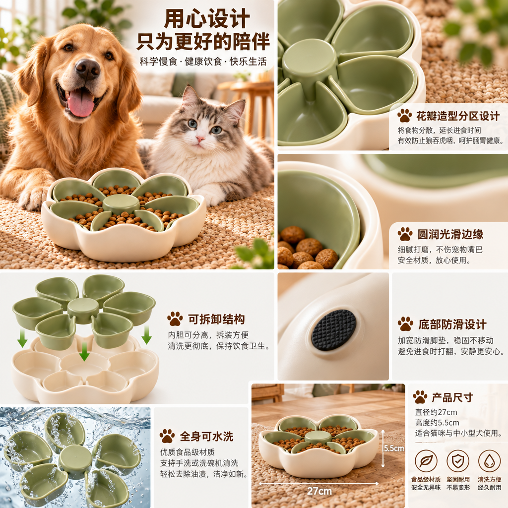 XZQVYRL Flower-Shaped Pet Slow Feeder Bowl – Anti-Gulping Interactive Maze Food Dish for Dogs & Cats, Supports Slower Mealtimes (Sage Green & Cream) - product view 3