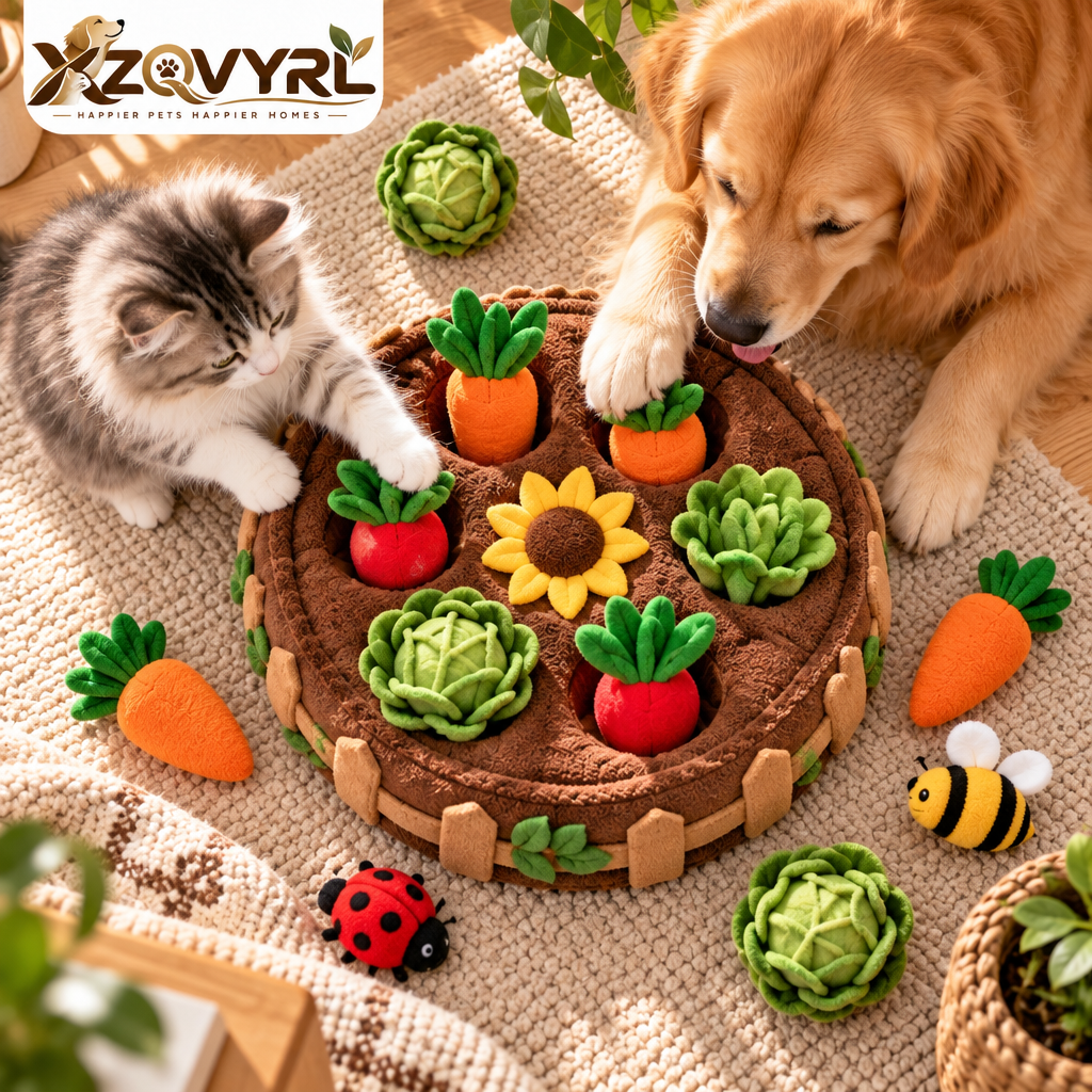 XZQVYRL Interactive Garden Snuffle Mat for Dogs & Cats, Plush Vegetable Patch Nosework Puzzle Toy with Squeaky Carrots, Cabbages & Critters for Mental Stimulation and Slow Feeding - product view 2