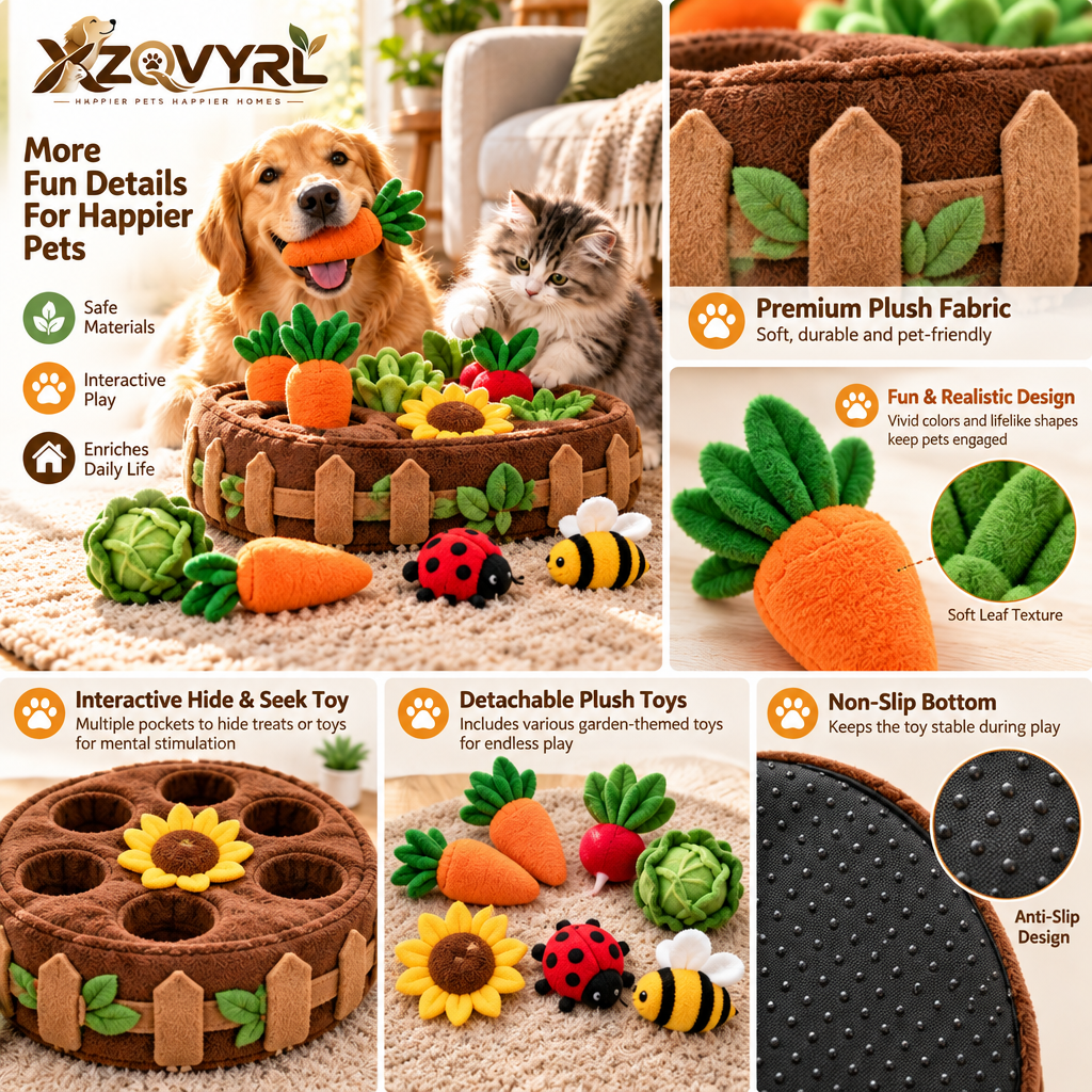 XZQVYRL Interactive Garden Snuffle Mat for Dogs & Cats, Plush Vegetable Patch Nosework Puzzle Toy with Squeaky Carrots, Cabbages & Critters for Mental Stimulation and Slow Feeding - product view 3