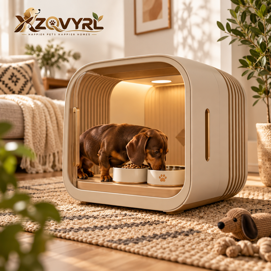 XZQVYRL Modern Wooden Indoor Pet Dining Haven with Built-in Ambient LED Light & Double Feeder Bowls - main product image