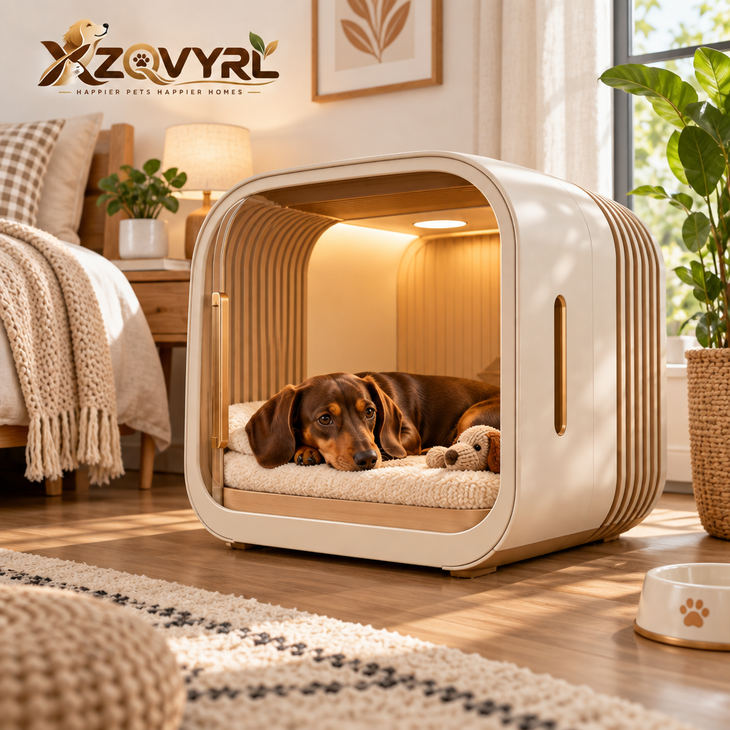 XZQVYRL Modern Wooden Indoor Pet Dining Haven with Built-in Ambient LED Light & Double Feeder Bowls - product view 2