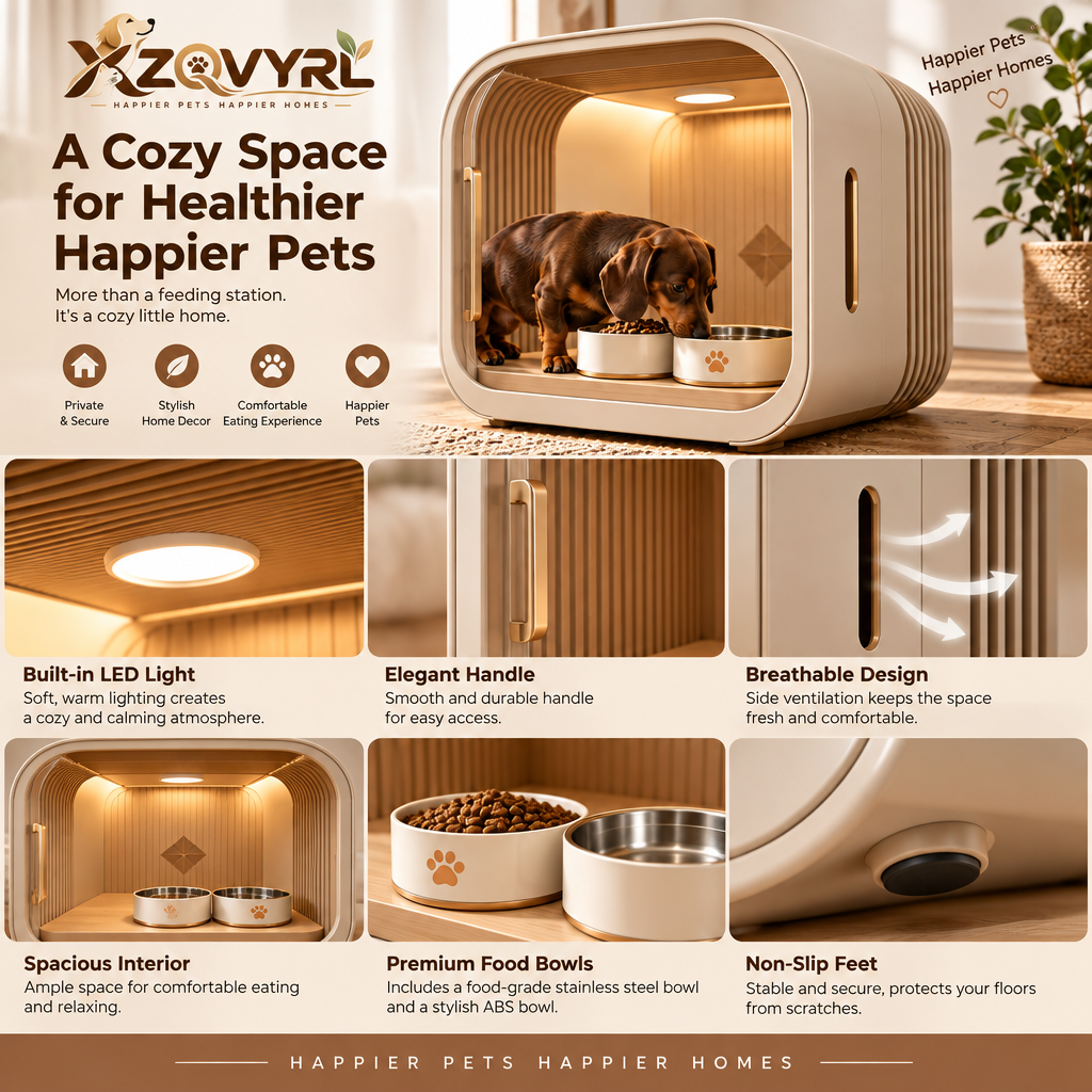 XZQVYRL Modern Wooden Indoor Pet Dining Haven with Built-in Ambient LED Light & Double Feeder Bowls - product view 3