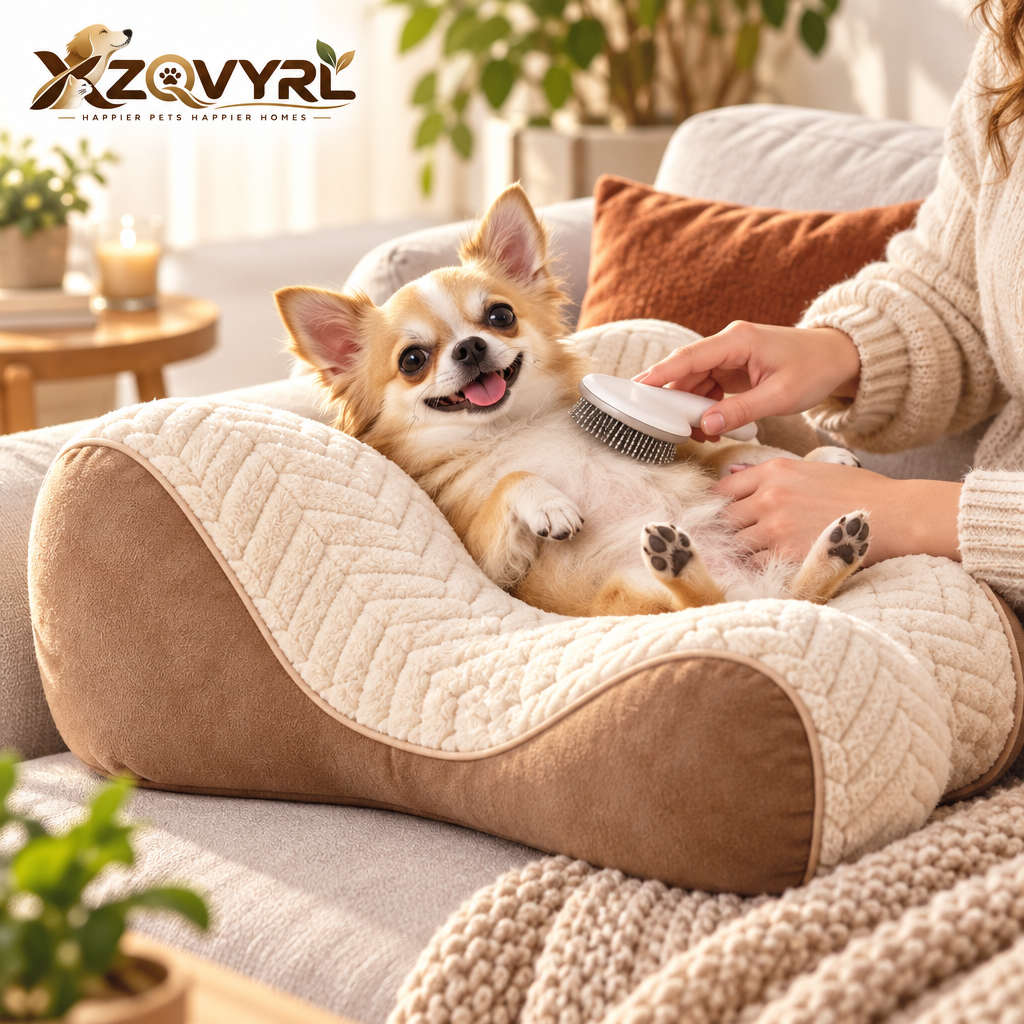 XZQVYRL Ergonomic Pet Grooming & Calming Lounge Bed – Contoured U-Shape Plush Cushion for Small Dogs & Cats, Comfort-Focused Lap & Sofa Rest Pillow for Stress-Free Brushing, Massaging & Cuddling - main product image
