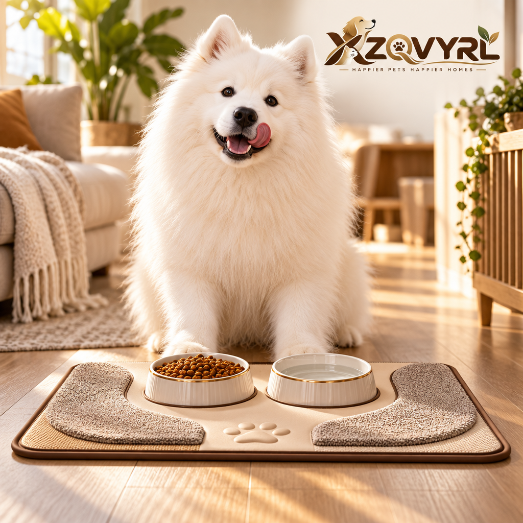 XZQVYRL Spill-Proof Pet Feeding Mat with Dual Ceramic Bowls – Waterproof, Non-Slip Dog & Cat Food Placemat with Quick-Dry Absorbent Zones - main product image