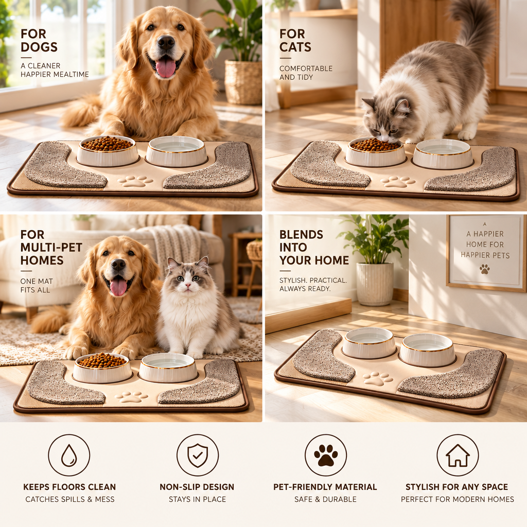 XZQVYRL Spill-Proof Pet Feeding Mat with Dual Ceramic Bowls – Waterproof, Non-Slip Dog & Cat Food Placemat with Quick-Dry Absorbent Zones - product view 2