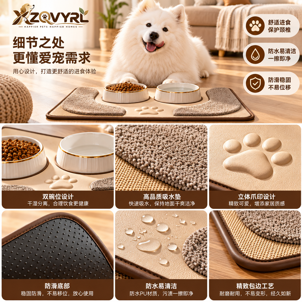 XZQVYRL Spill-Proof Pet Feeding Mat with Dual Ceramic Bowls – Waterproof, Non-Slip Dog & Cat Food Placemat with Quick-Dry Absorbent Zones - product view 3