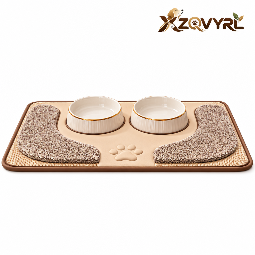 XZQVYRL Spill-Proof Pet Feeding Mat with Dual Ceramic Bowls – Waterproof, Non-Slip Dog & Cat Food Placemat with Quick-Dry Absorbent Zones - product view 4