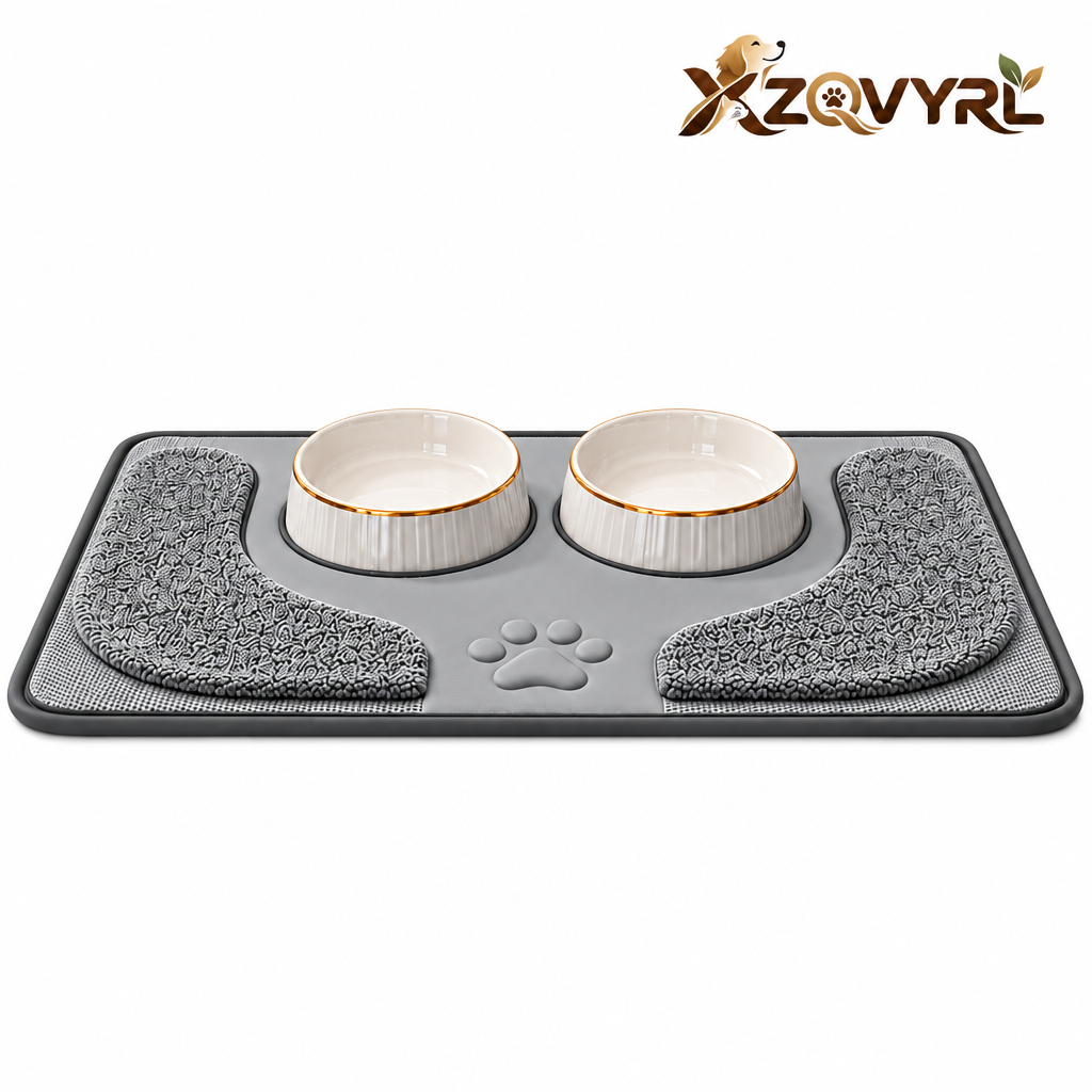 XZQVYRL Spill-Proof Pet Feeding Mat with Dual Ceramic Bowls – Waterproof, Non-Slip Dog & Cat Food Placemat with Quick-Dry Absorbent Zones
