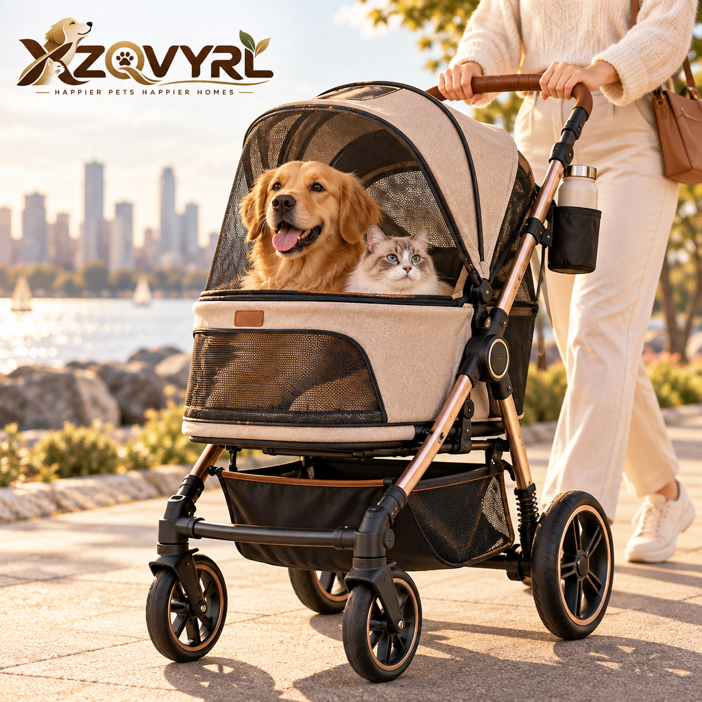 XZQVYRL Premium Foldable Pet Stroller for Dogs & Cats – Breathable Mesh Canopy, All-Terrain Wheels, One-Touch Brake & Spacious Storage - main product image