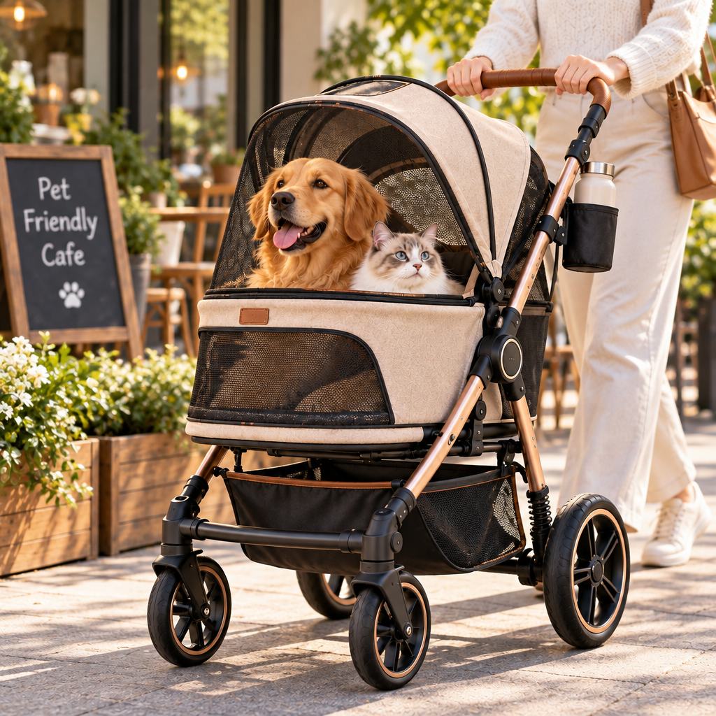 XZQVYRL Premium Foldable Pet Stroller for Dogs & Cats – Breathable Mesh Canopy, All-Terrain Wheels, One-Touch Brake & Spacious Storage - product view 2