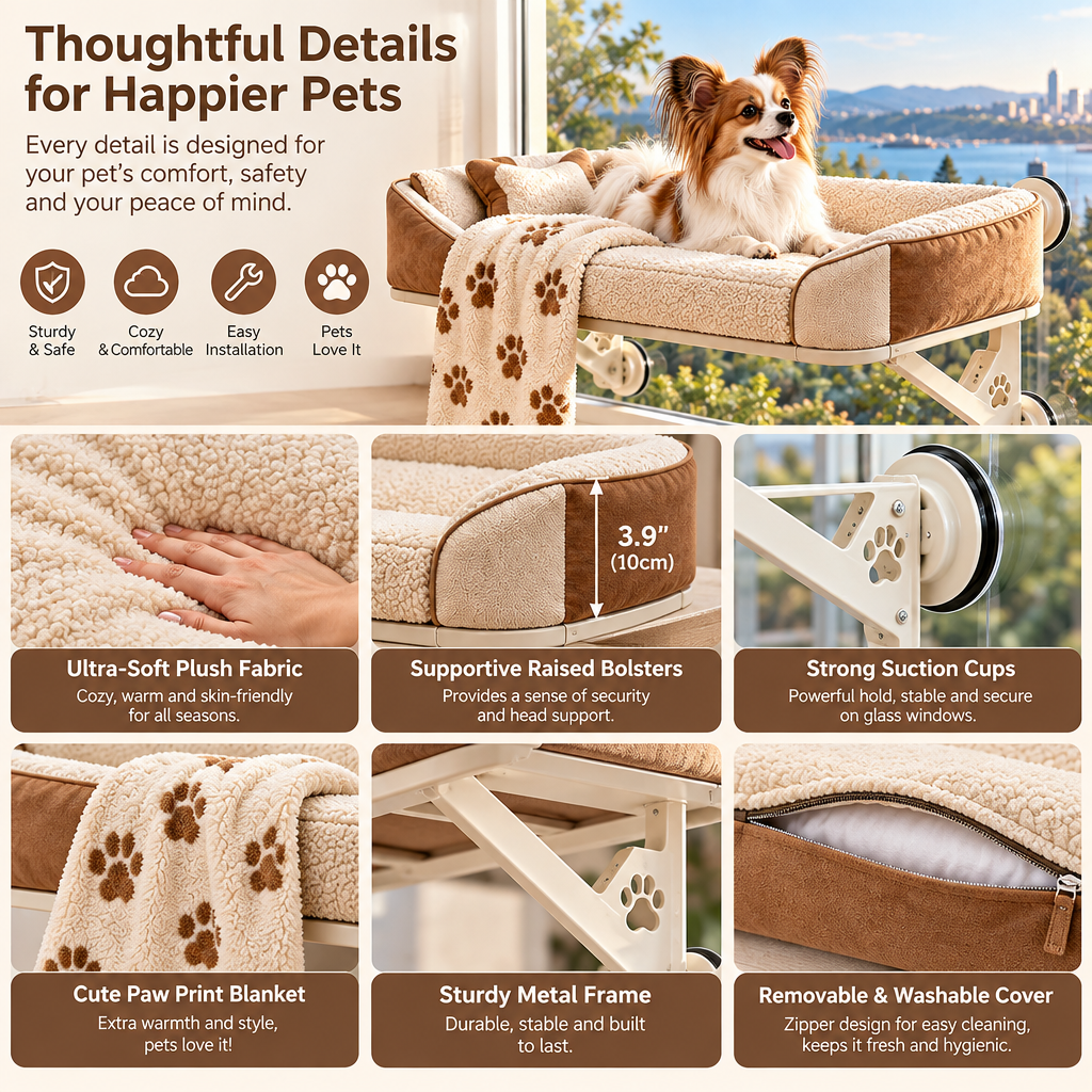 XZQVYRL Heavy-Duty Window Mounted Pet Perch – Plush Bolstered Sherpa Sunbathing Bed for Small Dogs & Cats - product view 3