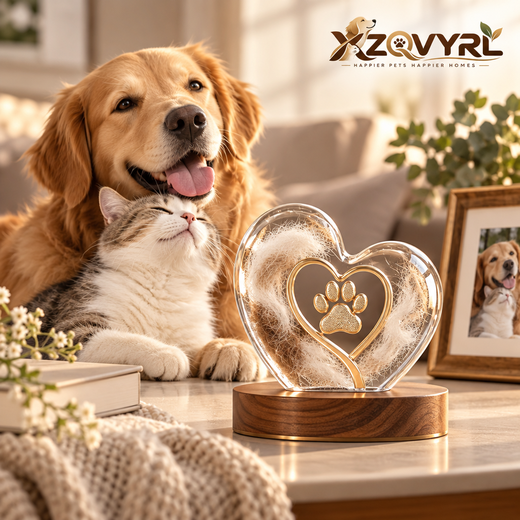XZQVYRL Pet Fur Keepsake Heart-Shaped Acrylic Memorial Display with Wooden Base, Golden Paw Print Pet Hair Souvenir for Dogs and Cats - main product image