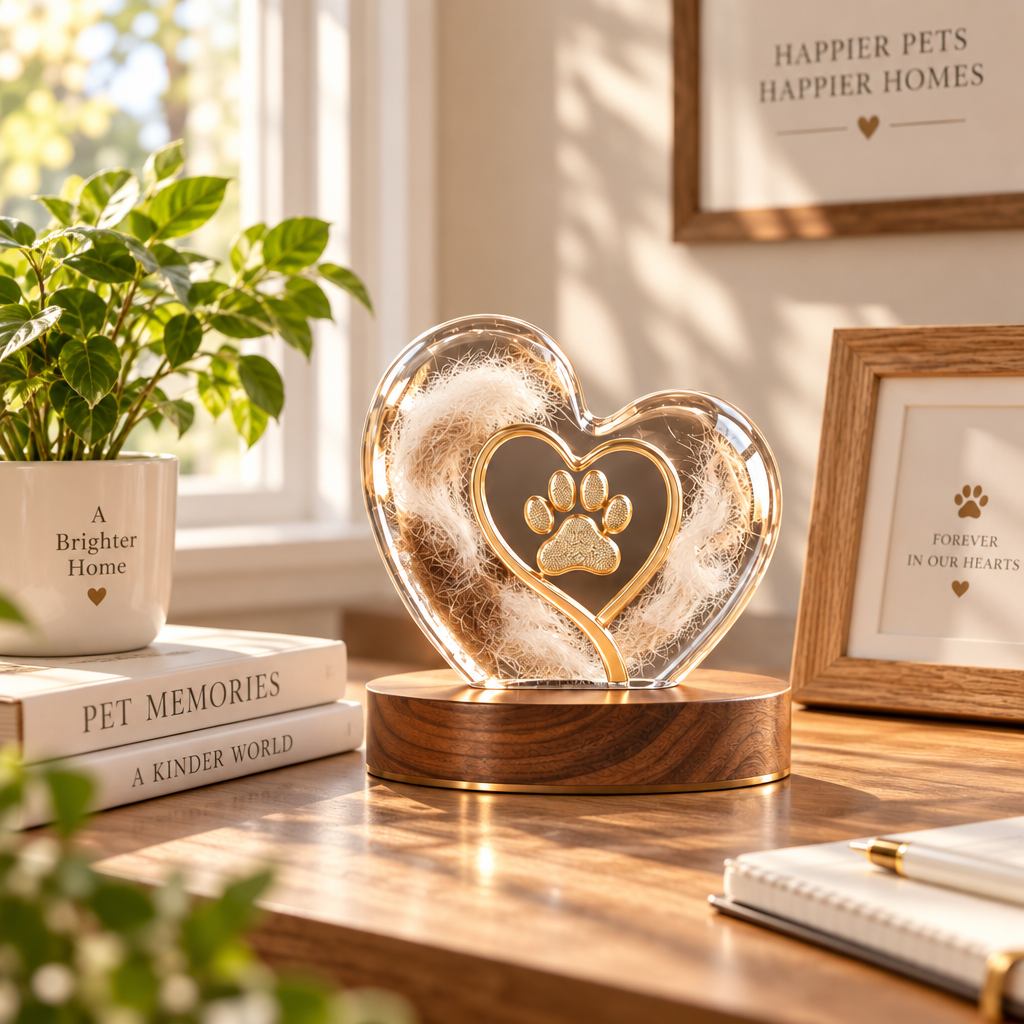 XZQVYRL Pet Fur Keepsake Heart-Shaped Acrylic Memorial Display with Wooden Base, Golden Paw Print Pet Hair Souvenir for Dogs and Cats - product view 2