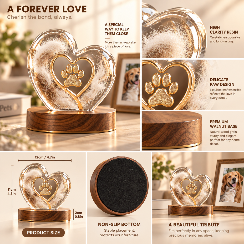XZQVYRL Pet Fur Keepsake Heart-Shaped Acrylic Memorial Display with Wooden Base, Golden Paw Print Pet Hair Souvenir for Dogs and Cats - product view 3