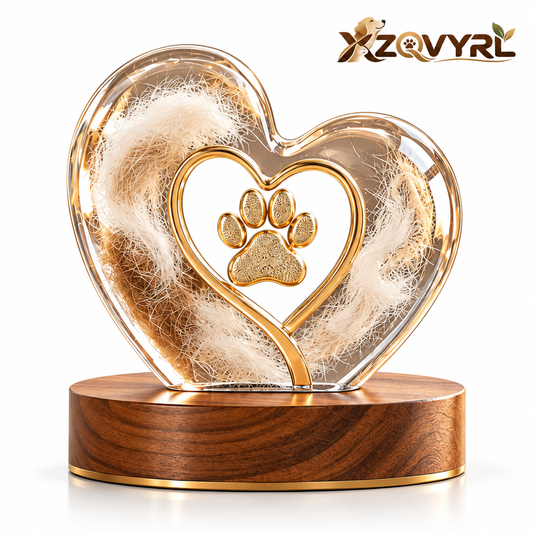 XZQVYRL Pet Fur Keepsake Heart-Shaped Acrylic Memorial Display with Wooden Base, Golden Paw Print Pet Hair Souvenir for Dogs and Cats - product view 4