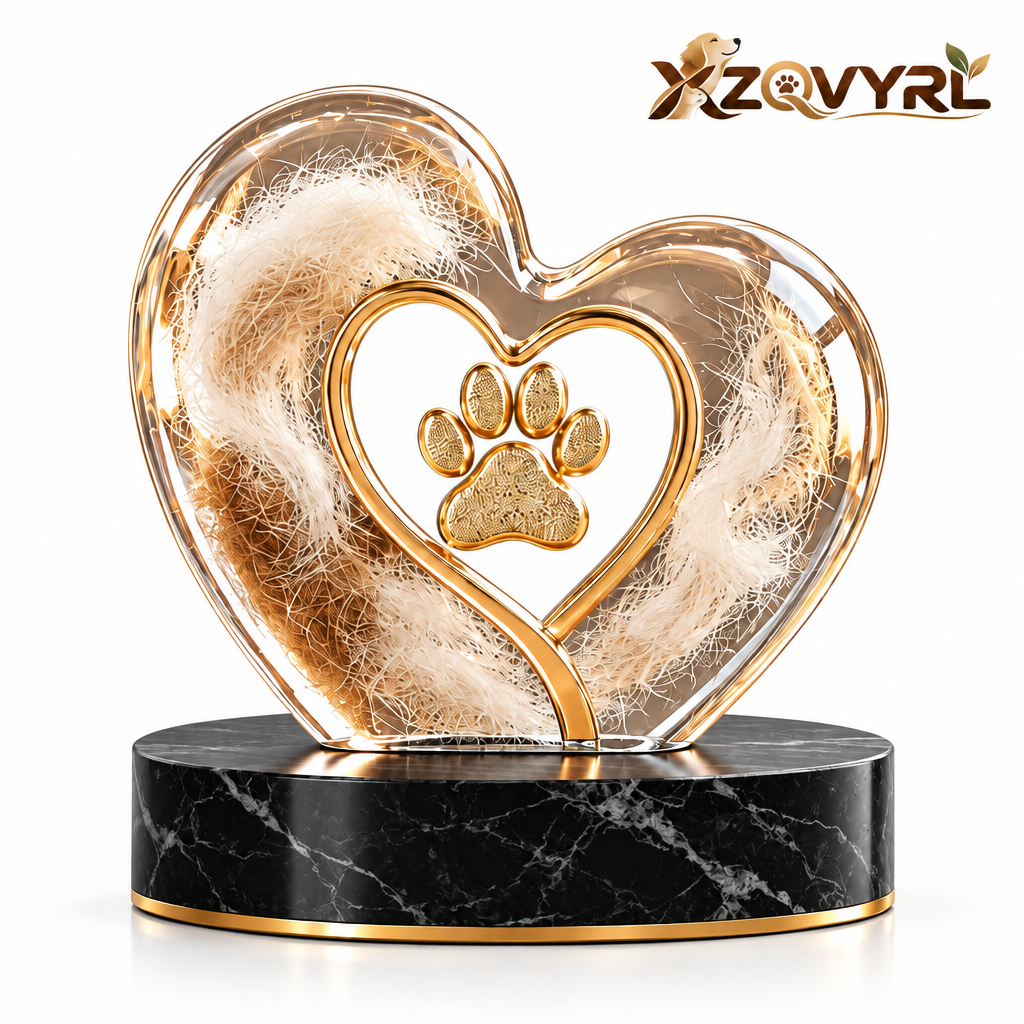 XZQVYRL Pet Fur Keepsake Heart-Shaped Acrylic Memorial Display with Wooden Base, Golden Paw Print Pet Hair Souvenir for Dogs and Cats