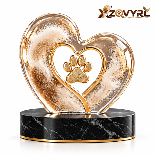 XZQVYRL Pet Fur Keepsake Heart-Shaped Acrylic Memorial Display with Wooden Base, Golden Paw Print Pet Hair Souvenir for Dogs and Cats