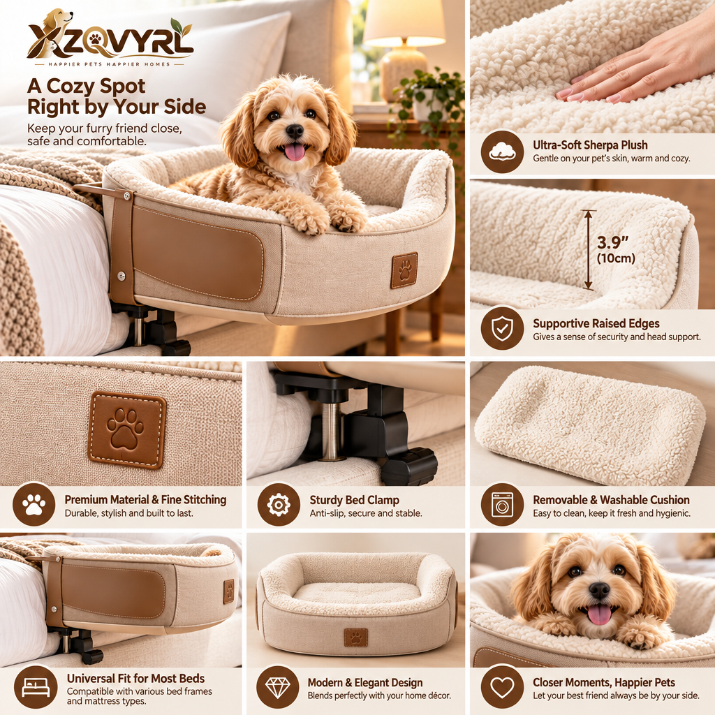 XZQVYRL Bedside Pet Co-Sleeper – Elevated Hanging Dog Bassinet with Ultra-Soft Sherpa Cushion & Secure Bed Frame Clamp for Small Dogs & Cats - product view 3