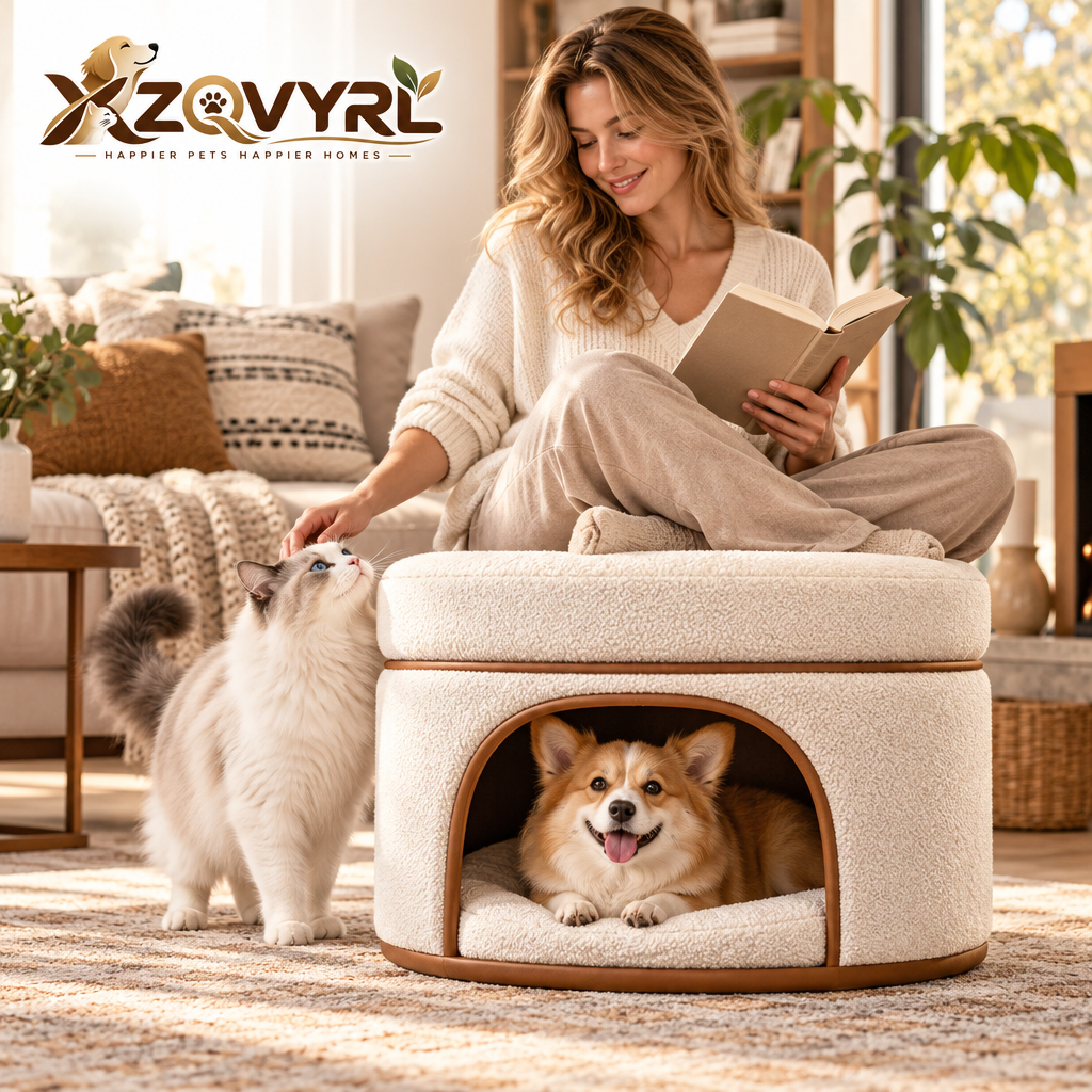 XZQVYRL 2-in-1 Bouclé Ottoman Pet House, Modern Round Footrest & Enclosed Cat/Small Dog Cave Bed with Plush Cushion - main product image