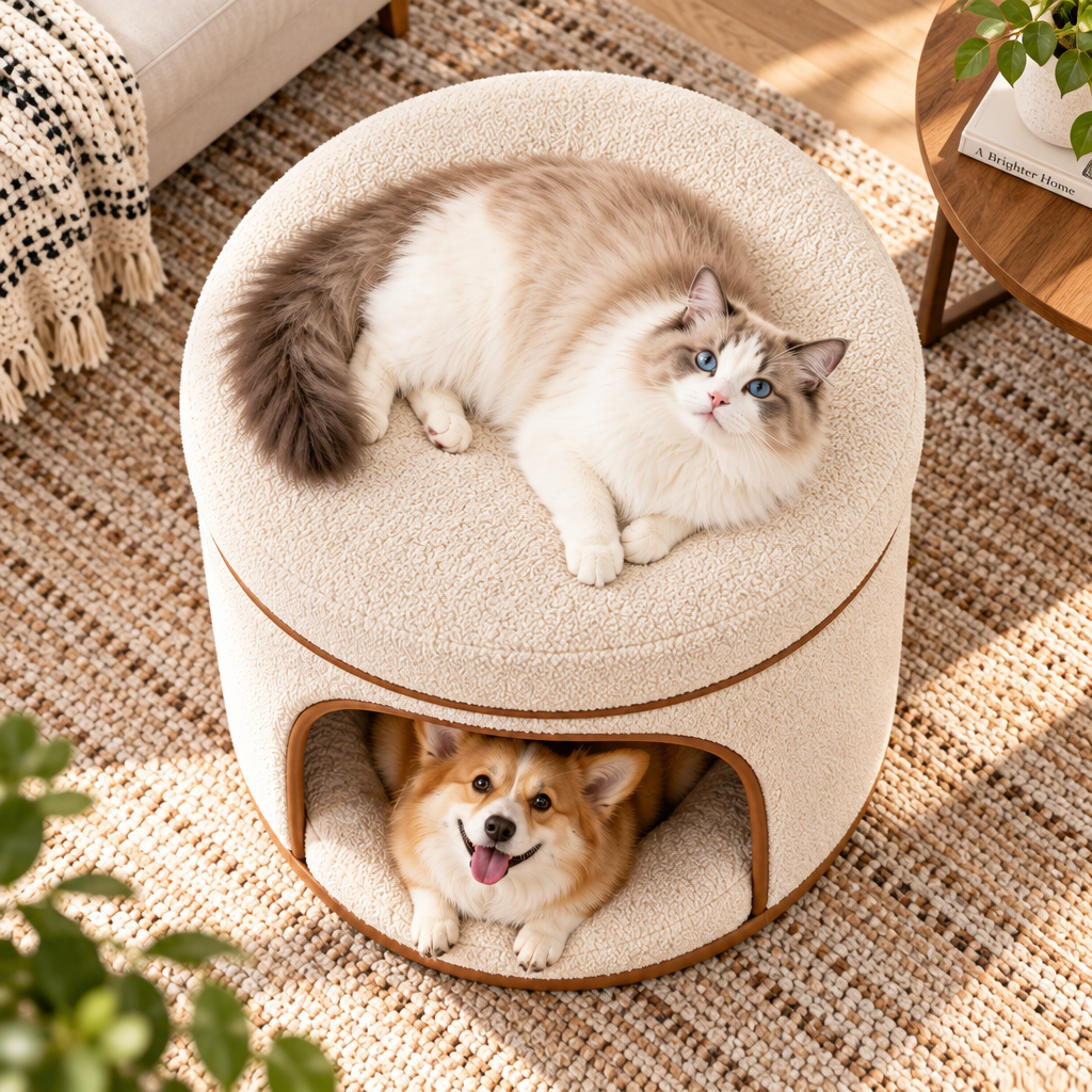 XZQVYRL 2-in-1 Bouclé Ottoman Pet House, Modern Round Footrest & Enclosed Cat/Small Dog Cave Bed with Plush Cushion - product view 2