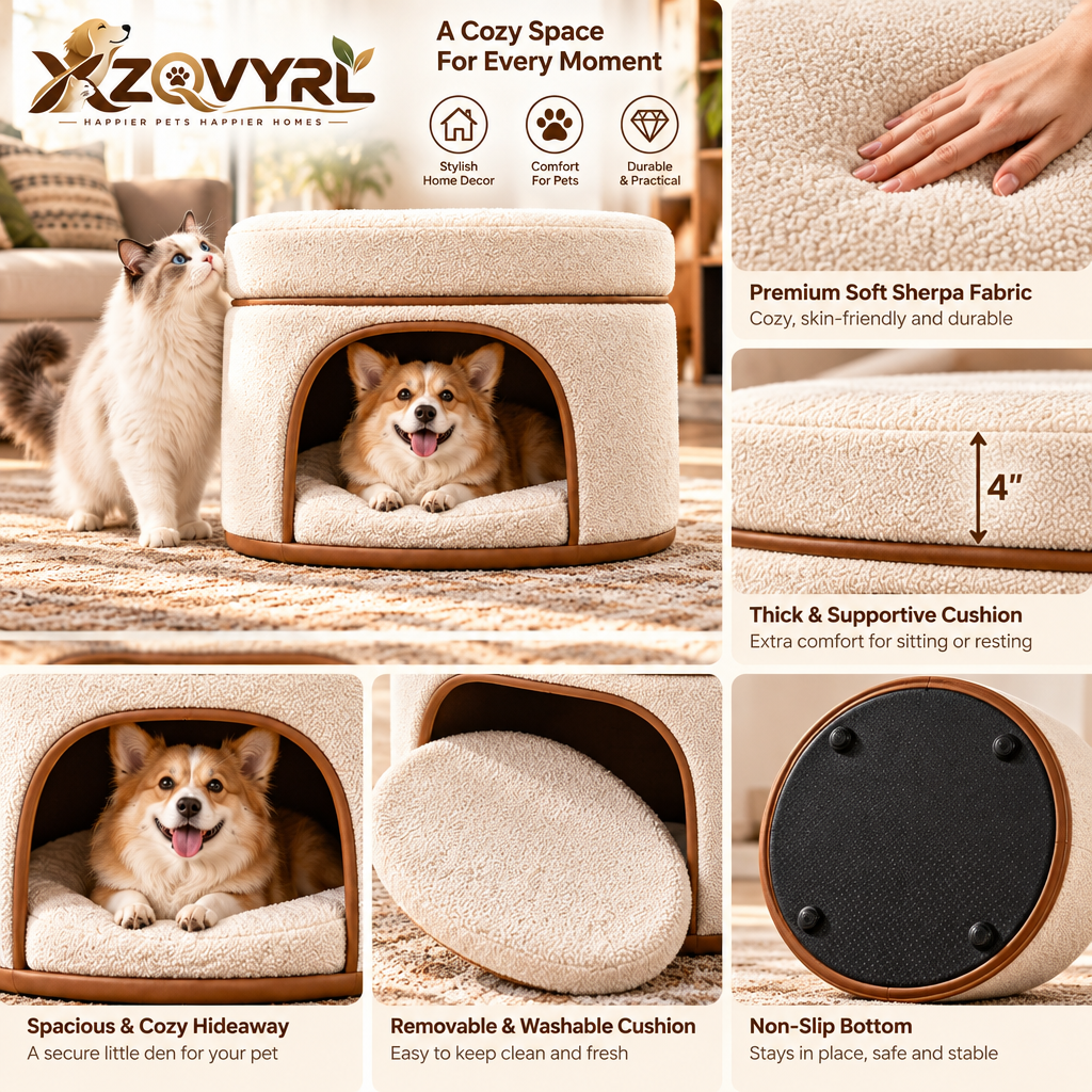 XZQVYRL 2-in-1 Bouclé Ottoman Pet House, Modern Round Footrest & Enclosed Cat/Small Dog Cave Bed with Plush Cushion - product view 3