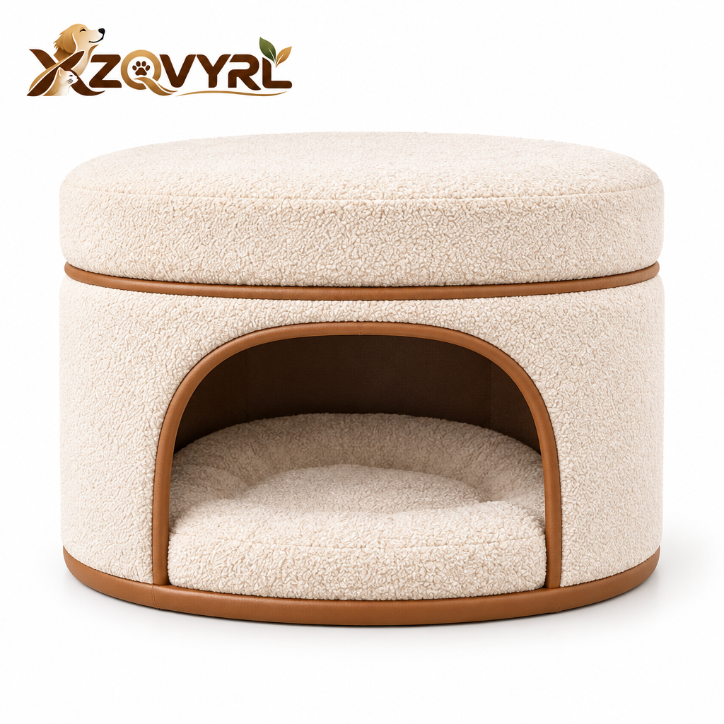 XZQVYRL 2-in-1 Bouclé Ottoman Pet House, Modern Round Footrest & Enclosed Cat/Small Dog Cave Bed with Plush Cushion - product view 4