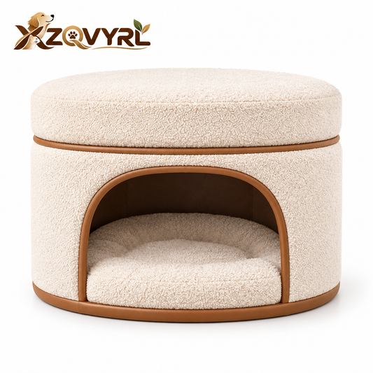 XZQVYRL 2-in-1 Bouclé Ottoman Pet House, Modern Round Footrest & Enclosed Cat/Small Dog Cave Bed with Plush Cushion - product view 4