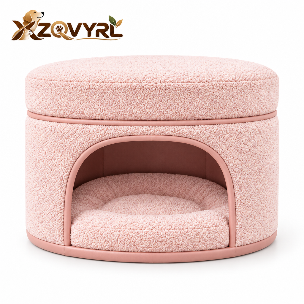 XZQVYRL 2-in-1 Bouclé Ottoman Pet House, Modern Round Footrest & Enclosed Cat/Small Dog Cave Bed with Plush Cushion